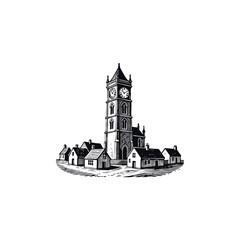 engraving style illustration of a tall, central clock tower surrounded by a quaint small village or town square