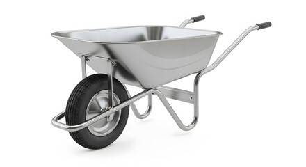 Shiny metal wheelbarrow with black tire on white background.