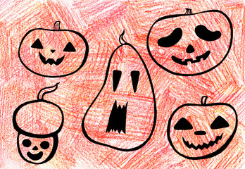 Set of stylized Jack o lanterns. Black outline. Background filled with strokes of colored pencils. Different shades of orange, red, white. All pumpkins have different shapes and facial expressions.