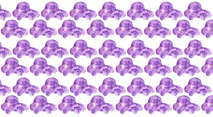 Pattern of stylized drawings of car silhouettes. Car in profile, simple shape. Different shades of purple. Watercolor. Have different textures. Arranged in a checkerboard pattern on white background.