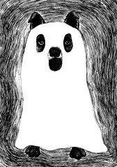 Halloween illustration. Dog dressed in ghost costume. White canvas. Holes for eyes, nose, mouth, ears and paws sticking out. Drawing from strokes. Black, white, different shades of gray. Monochrome.