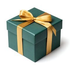 A beautifully wrapped dark teal gift box with a shimmering gold ribbon and bow presented in a studio shot isolated on white background