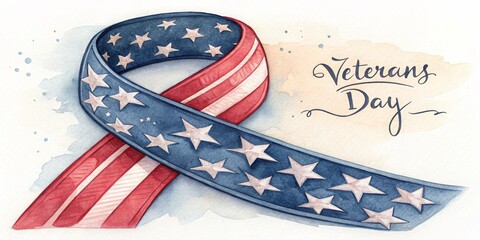 This patriotic, watercolor ribbon with stars and stripes is perfect for Veterans Day blogs, military history websites, or government and remembrance event materials.

