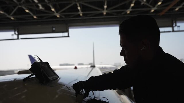 Aircraft Inspector performing an eddy current inspection on top of a 757 commercial airplane.