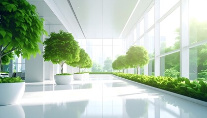 Modern office hallway with greenery