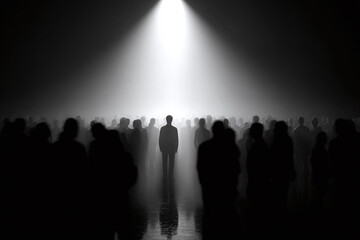 One illuminated figure in spotlight stands still among silhouetted moving crowd, symbolizing leadership, clarity, and purpose in chaos