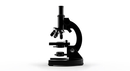 Black microscope on white background for scientific research.