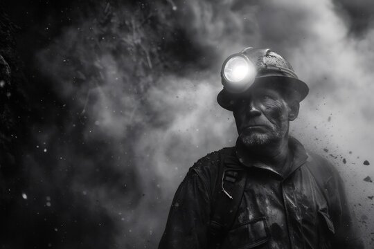 Coal miner wearing helmet and headlamp standing in dark mine