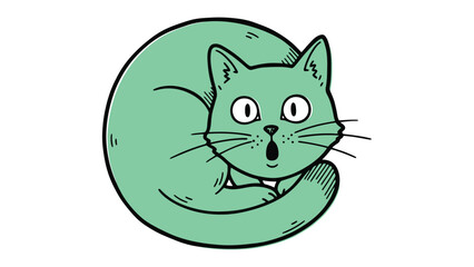Mysterious Cat: Whimsical illustration of a curious green cat with wide eyes in a surprised look. Capturing its enchanting charm.