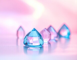 Close-up of several translucent, light blue gemstones, sparkling and reflecting light.
