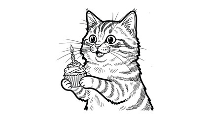 Whiskered Wonderland: A charming cat with a celebratory cupcake in hand, the candle flickering with warm light. Perfect for adding a touch of whimsy to your creative projects.