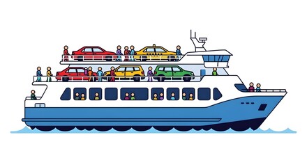 Ferry Boat Transporting Cars and Passengers Across Water.