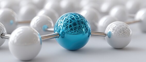 A teal sphere connected to white spheres by metallic rods, forming a network structure