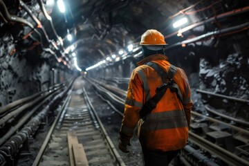 Mining engineer walking in underground tunnel inspecting rails