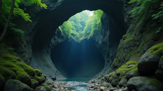 A mystical cave with a natural rock formation surrounded