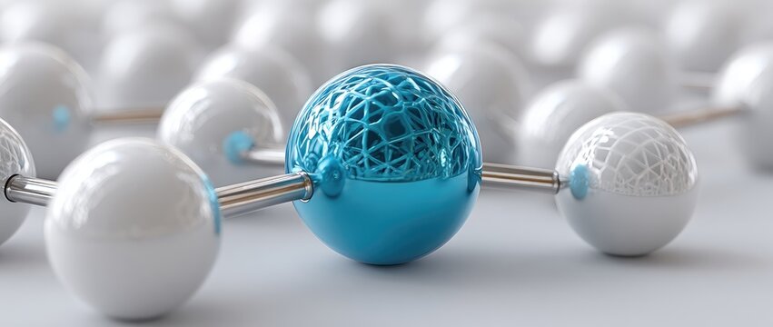 A teal sphere connected to white spheres by metallic rods, forming a network structure