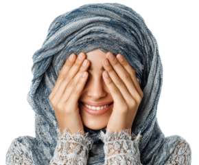 Joyful woman hiding face portrait isolated on transparent background