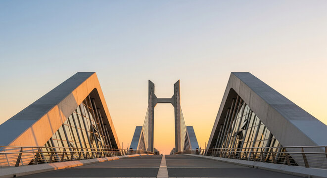 Symmetrical futuristic bridge architecture captured at sunset with soft pastel sky and large copy space background