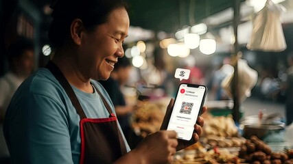 Asian Vendor Uses Mobile Payment at Food Market, Empowering Small Business Growth - Powered by Adobe