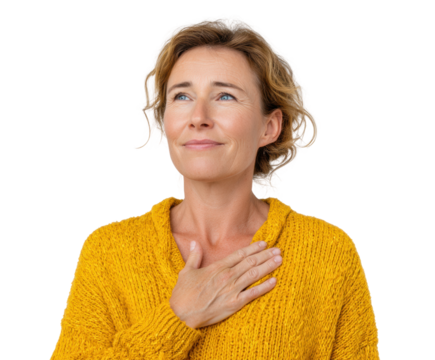 Emotional reflection of a woman in yellow sweater portrait calm isolated on transparent background