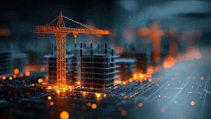Futuristic cityscape under construction, depicted as a wireframe model on a circuit board with an orange crane