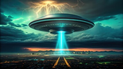 Mysterious alien spacecraft hovering above a city at dusk emitting a powerful blue beam of light