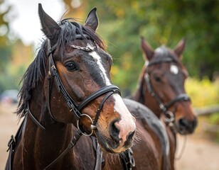 Fototapeta premium Two horses in harness