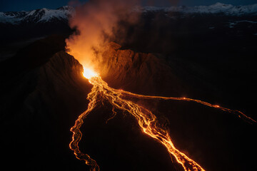 Photograph of a nighttime volcanic eruption with bright orange lava flowing down a dark mountain,...