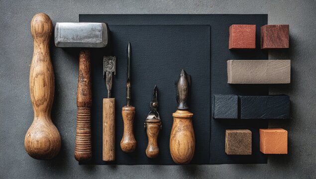 Leatherworking tools and colored leather samples arranged on a dark surface