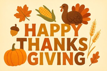 Happy thanksgiving greeting with autumn harvest elements and festive typography