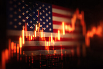 American flag overlay on glowing stock candlestick chart with abstract financial data background