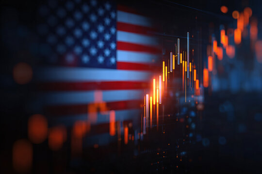 American flag overlay on glowing stock candlestick chart with abstract financial data background