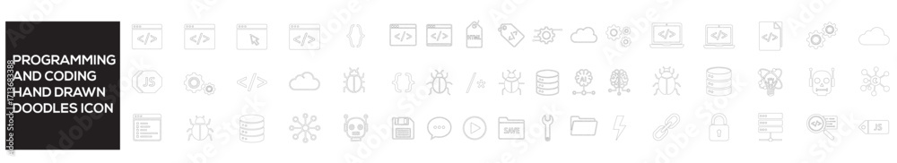 Wall mural hand drawn doodles programming and coding hand drawn doodles isolated on white background