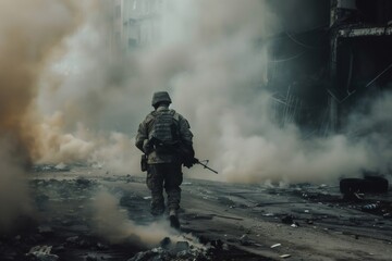 Naklejka premium Soldier walking through destroyed city in war zone