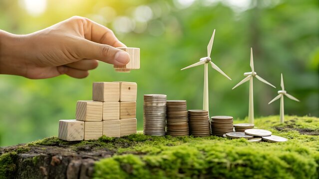 Hand building blocks and coins with wind turbines in green nature background - Powered by Adobe