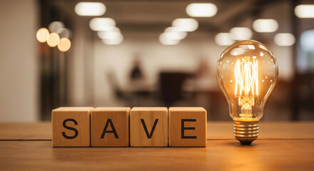 Warm Natural Scene with “SAVE” Wooden Blocks Next to Glowing Vintage Light Bulb:
Visualizing Energy Conservation, Creativity, and Environmental Responsibility in a Peaceful Setting