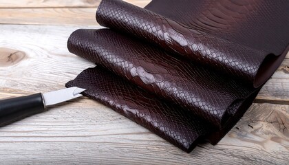 Brown snakeskin leather roll on wood