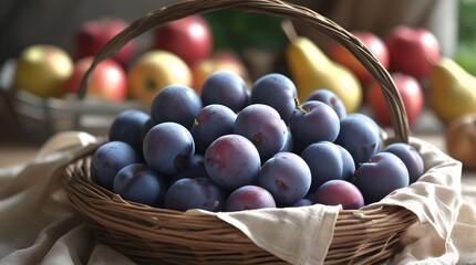 Rustic wooden basket filled with dark blue plums on a vintage table