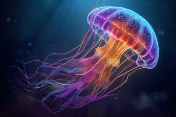 Bioluminescent Jellyfish Pulsating with Vibrant Rainbow Hues in Deep Ocean Abyss.
