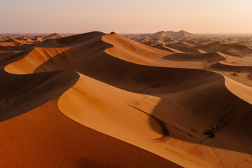 Photograph of a vast desert landscape with rolling, sunlit sand dunes in shades of orange and brown, under a hazy sky.