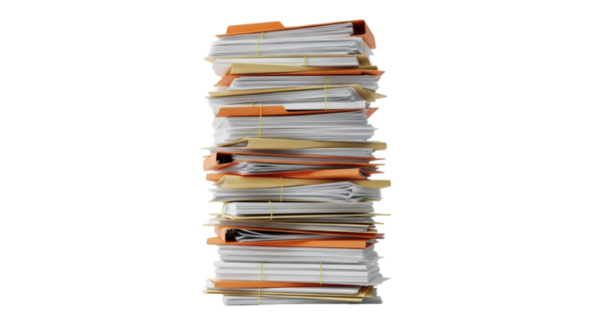 Overwhelming Workload: Cinematic Slow Tilt Up a Tall Stack of Paperwork and Files on a White Background. clipping path