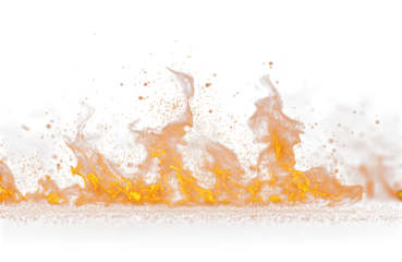 A horizontal line of bright orange fire with sparks and smoke, isolated on transparent background