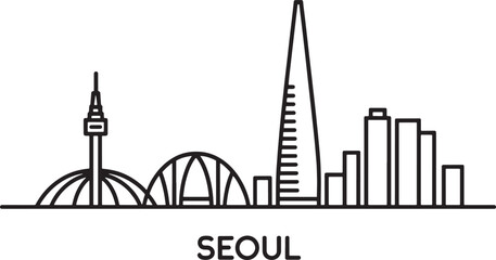 Seoul Cityscape Outline Silhouette Vector Illustration South Korea Urban Skyline Design Template