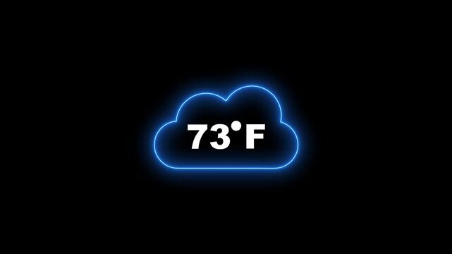 Neon blue outlined cloud displaying 73 degrees Fahrenheit temperature on black background seventy three degrees Fahrenheit