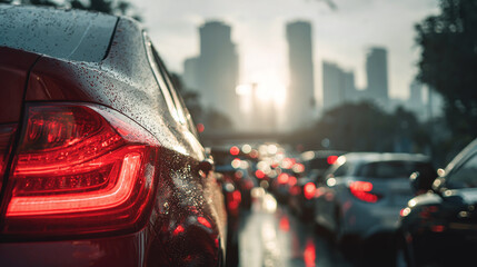 Close-up of red brake lights in morning traffic with blurred city skyline, natural sunlight, photorealistic