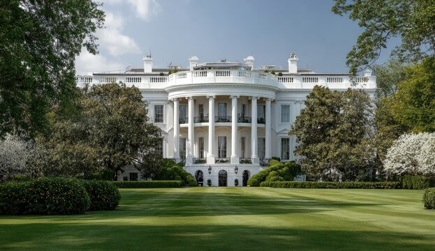 White House exterior, manicured lawn, spring trees