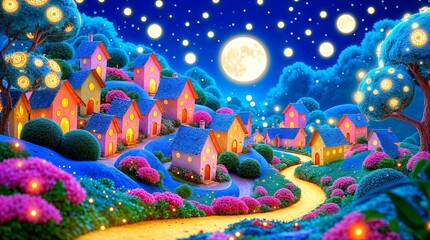 Abstract background with Whimsical fairytale style village with tiny houses, sparkling lush magical trees, stars and a huge moon	