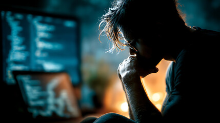 An intense, low-light shot of a person with their head in their hands, deep in thought while looking at a blurry computer screen in the background.