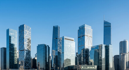 Obraz premium Innovative futuristic skyscraper skyline concept with clean glass towers and wide empty sky for copy space background