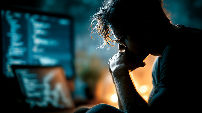 An intense, low-light shot of a person with their head in their hands, deep in thought while looking at a blurry computer screen in the background. - Powered by Adobe